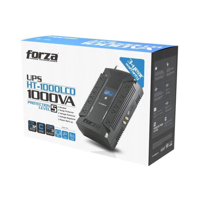 Forza UPS 1000VA/600W Line Interactive Uninterrupted Battery Backup Supply, 12 Outlets, AVR, LCD Screen, USB, Coaxial 120V