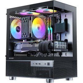 Okinos Aqua 3, Micro ATX Case PC Case with 3 X 120mm 3-Pin ARGB Fan Pre-Installed, Panoramic View Tempered Glass Front & Side Panel, with Type C Port, Black