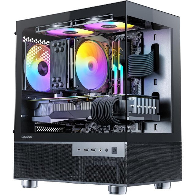 Okinos Aqua 3, Micro ATX Case PC Case with 3 X 120mm 3-Pin ARGB Fan Pre-Installed, Panoramic View Tempered Glass Front & Side Panel, with Type C Port, Black